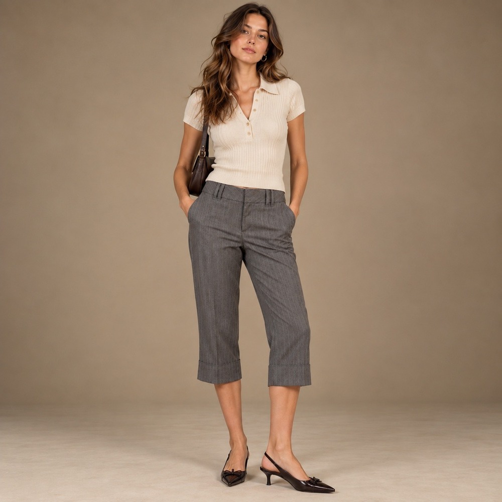 Spacegirlz Capri Pants Women 9 Grey Vintage Y2K Pinstripe Low Rise Indie Sleaze